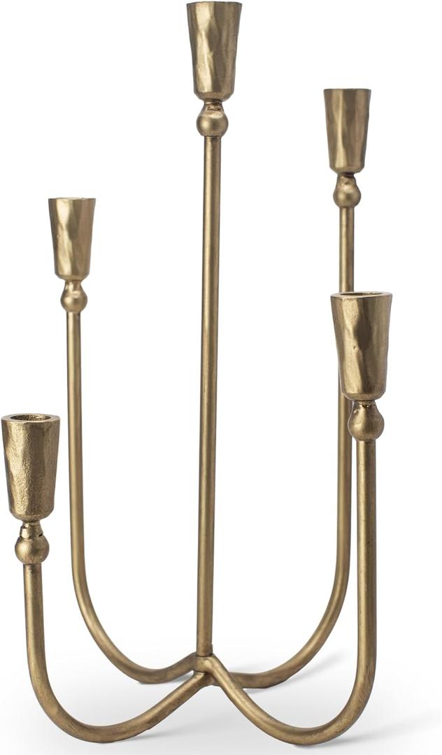 BANOMII Large Iron Candelabra Centerpieces for Tables, 17.7'' Tall Taper Candle Holders, Vintage Brass Gold Candlestick Holders, Antique Fireplace Mantel Decorations for Living Room, 5 Arms