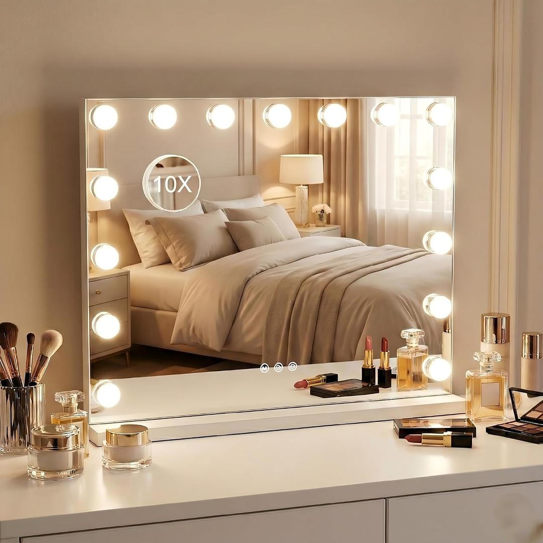 Makeup Vanity Mirror with 15 Dimmable LED Bulbs23"x18" Large Vanity Mirror with 3 Color LightsDetachable 10X Magnifying MirrorWhite Vanity Lighted Mirror for Tabletop and Wall Mounted