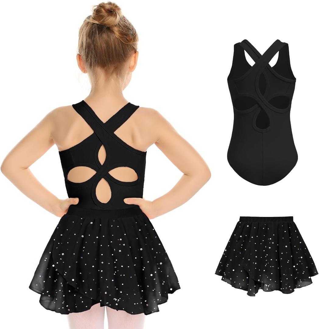 Zaclotre Girls Ballet Leotards Toddler Hollow Back Dance Dress Outfit with Removable Shiny Skirt Combo,6-7y