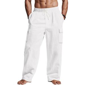Mens Casual Cargo Pants Summer Vacation Lightweight Drawstring Pants Elastic Waist Beach Yoga Trousers with Pockets Medium