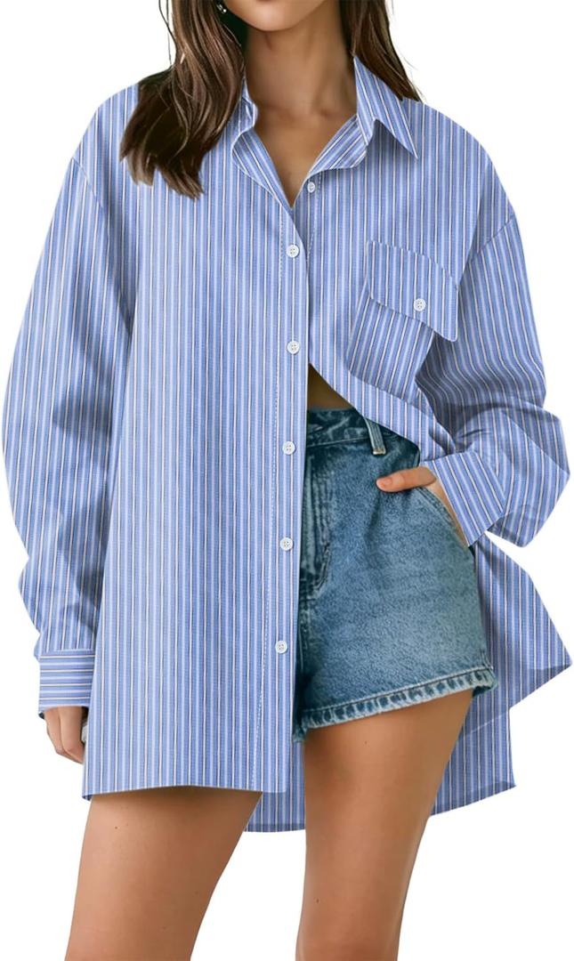 AKEWEI Button Down Shirts for Women Long Sleeve Collared Work Blouse Fashion Oversized Office Shirts with Pocket (X-Large, Striped Blue)