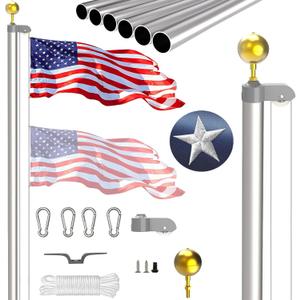 25FT Sectional Flag Pole Kit, Extra Thick Heavy Duty Aluminum Flagpoles for Outside House Inground with 3'*5' American Flag and Black Ball Topper for Residential or Commercial Use, Silvery