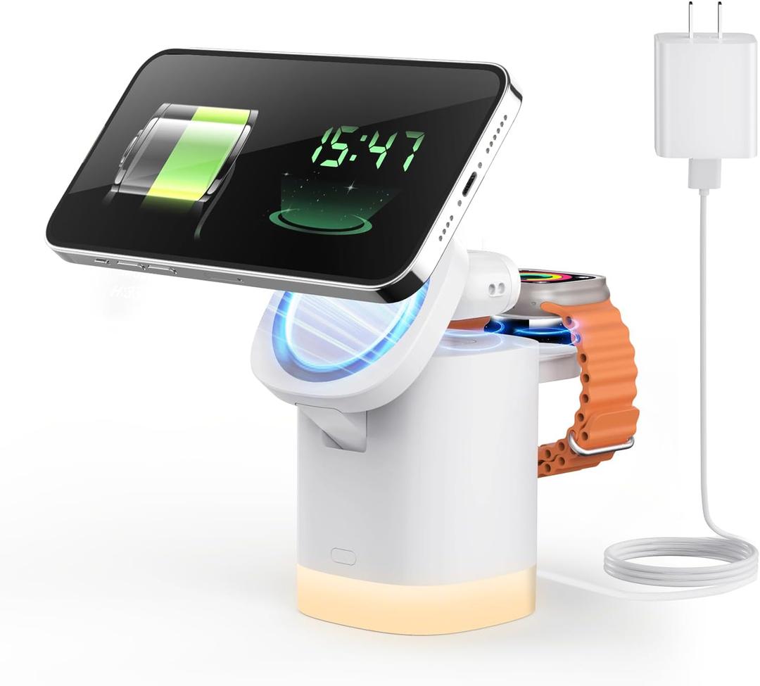 Wireless Charging Station for iPhone Mag-Safe: JoyGeek 3-in-1 Foldable Charger Phone Stand Charger for iPhone 16/15/14/13/12 Pro/Max/Plus - for AirPods - for Apple Watch 2-10/Ultra (White)