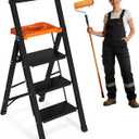 Aluminum 3 Step Ladder with Tool Tray - 600lbs Heavy Duty Lightweight Step Stool with Extended Handrails, Work Platform for Home Maintenance & DIY Projects (Black&Orange)
