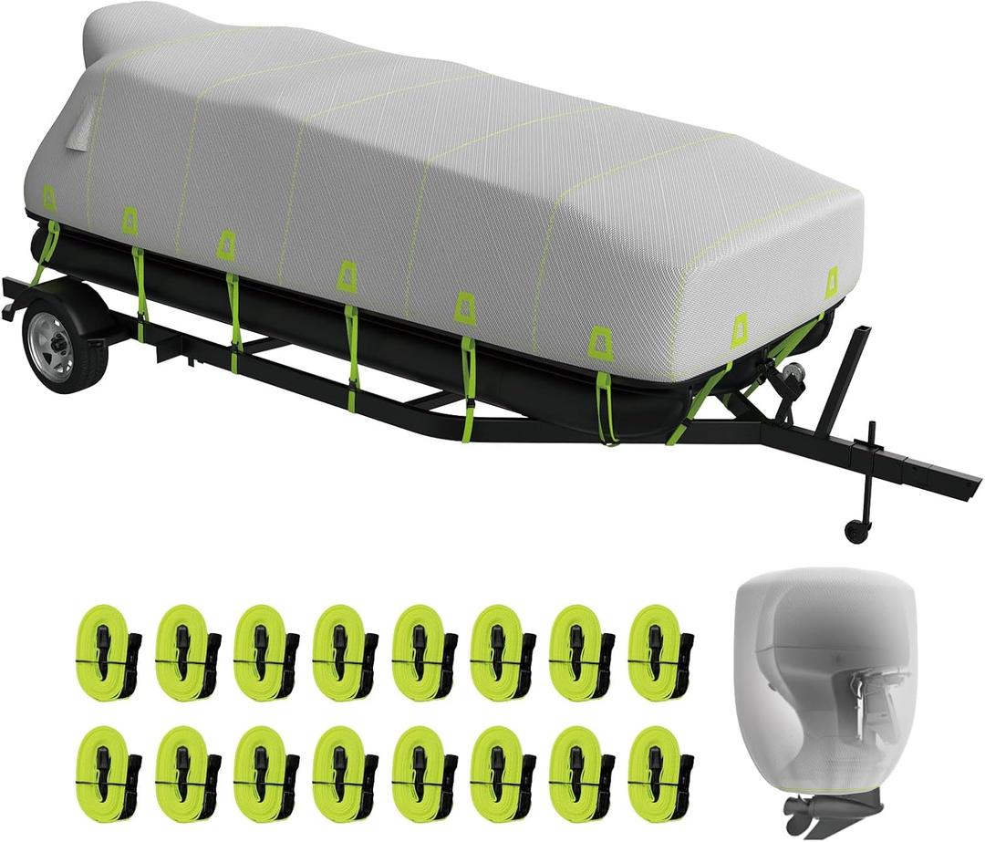 YSPACE Pontoon Boat Cover 16-18 ft, 1200D Waterproof Marine Grade Cover with 12 Straps, UV Resistant, Fade-Resistant Fabric, Windproof, Reflective Strips, Fits Up to 96" Beam, Includes Storage Bag