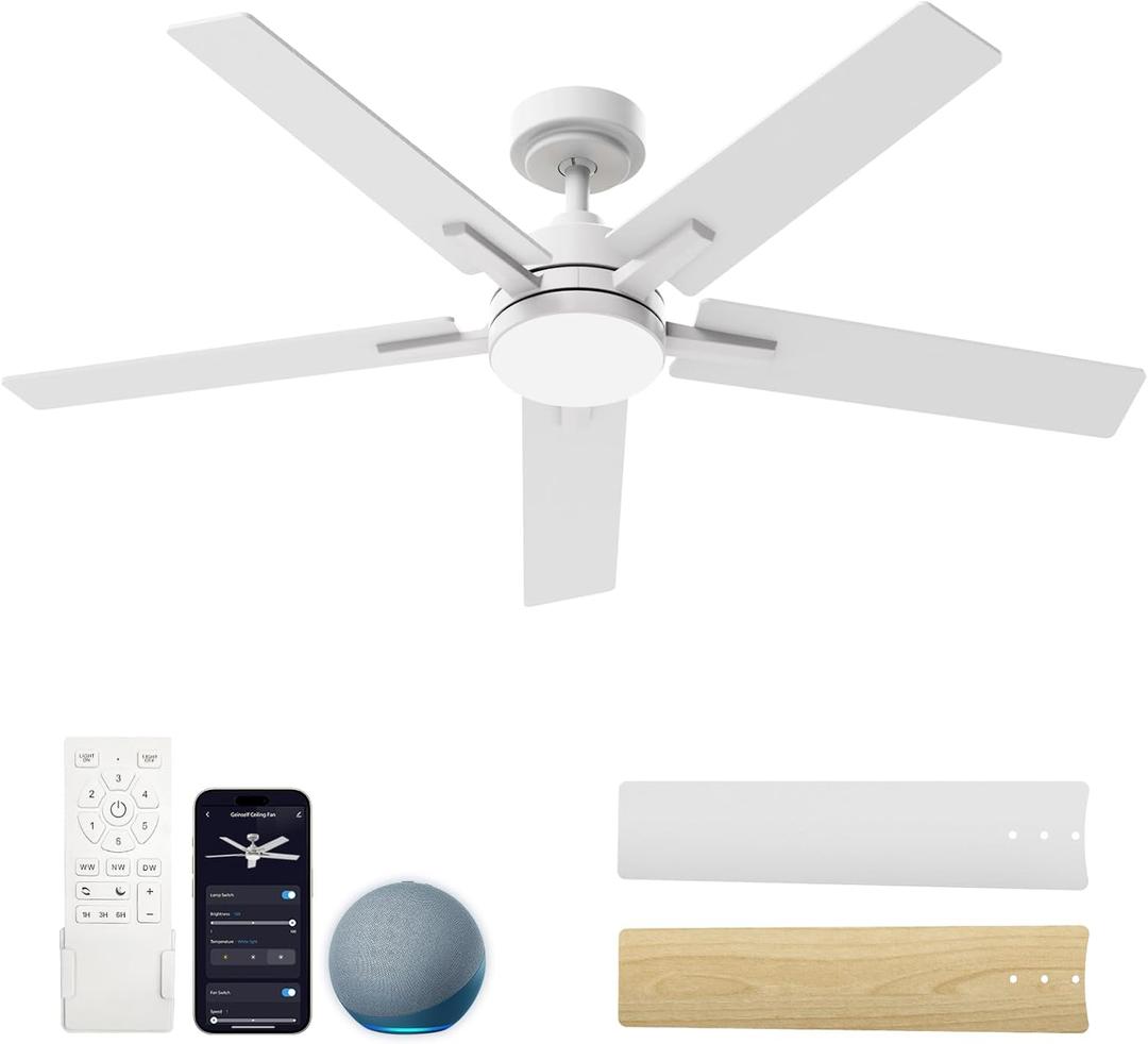 Ceiling Fans with Lights 52 Inch, Black Smart Ceiling Fan Compatible with Alexa/App/Remote Control, 5 Two-Sided Blades, Ultra Silent Reversible DC Motor LED fan for Living Room(White)