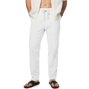 JMIERR Mens 100% Cotton Pants Casual Elastic Waist Drawstring Lightweight Summer Beach Trousers with Pockets (White, L)