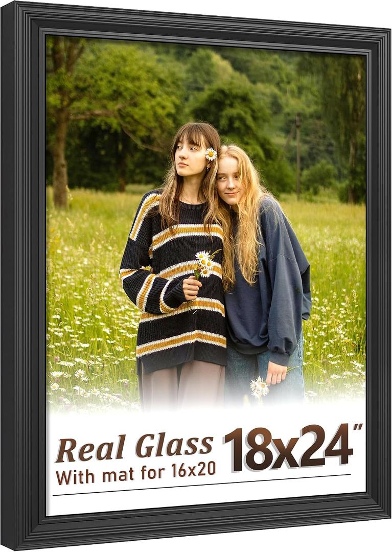 18x24 Black Poster Frame, Tempered Glass with Mat for 16x20