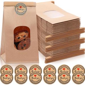 Tenceur 240 Set 3.54 x 2.36 x 6.7 Bakery Bags with Window and Stickers Bulk Paper Tin Tie Tab Lock Bags for Mom for Cookie Coffee Beans Popcorn Food Candy Gift Packaging Party(Brown)