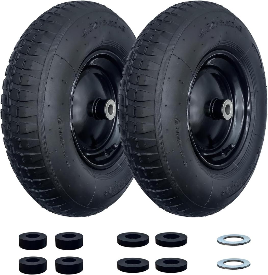 2-Pack 4.80/4.00-8" Pneumatic Wheelbarrow Wheel and Tires with 3"- 6" Center Hub and 3/4" Bushings for Wheelbarrow and Yard Cart Garden Wagon, Black