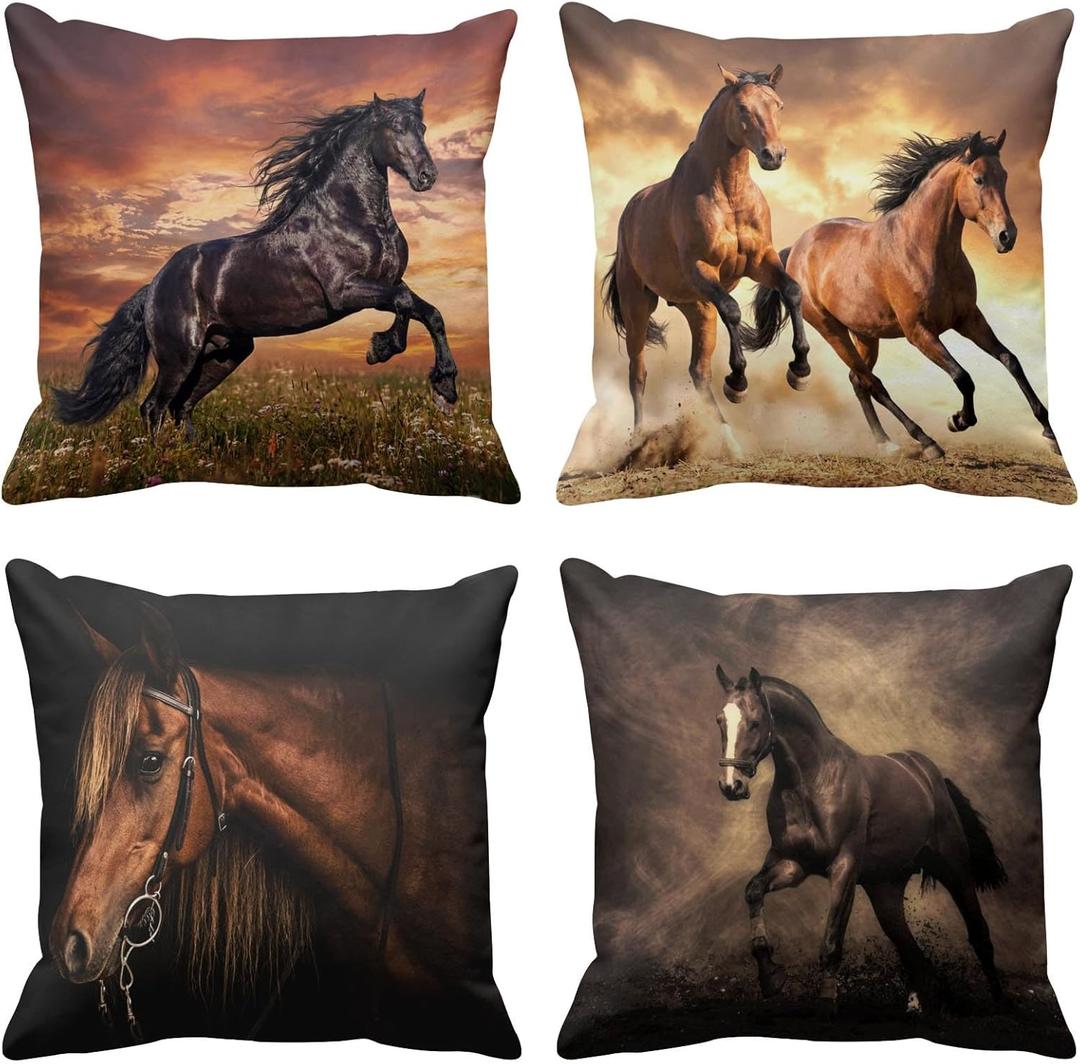 Emvency Throw Pillow Covers 20x20 Inches Set of 4 Horse Running Waist Horses Animal Square Decorative Couch Pillowcases for Home Decor Bedroom Sofa Living Room
