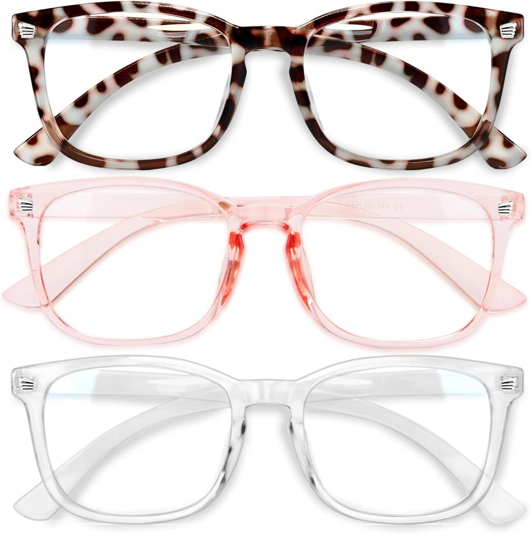 Gaoye Stylish Blue Light Glasses for Woman - Computer Glasses for Blue Light Blocking - Lightweight Frames - 3 pack (A4-leopard+transparent+pink)