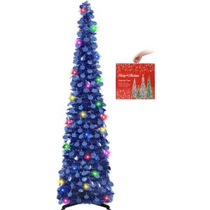 MACTING Christmas Pop up Tree with 50 LED Lights Timer 5FT Collapsible Tinsel Pencil Tree Easy-Assembly Coastal Glitter Artificial Tree for Porch Apartment Corner Home Halloween Xmas Decor,Laser Blue