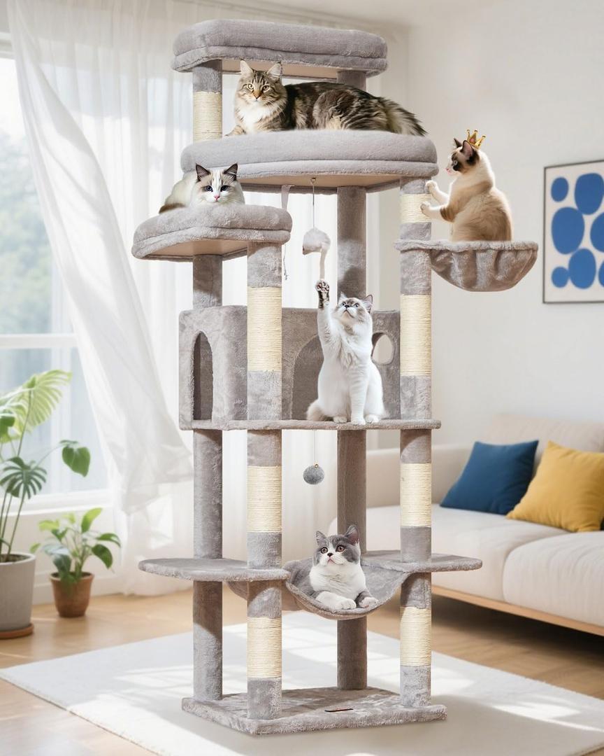 Taoqimiao 71 Inches Cat Tree for Large Cats 20lbs+, 3 Giant Perches, Multi-Level Cat Tree Tower, Widened Cat Condo with 9 Scratching Posts, Luxurious Hammcock & Basket, Light Gray, MS034W