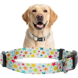 Kazazoo Dog Collar Cute and Soft Nylon Puppy Collar for Boy and Girl, Adjustable Dog Collars for Medium Large Dogs, Colorful Stars-L Pack of 2