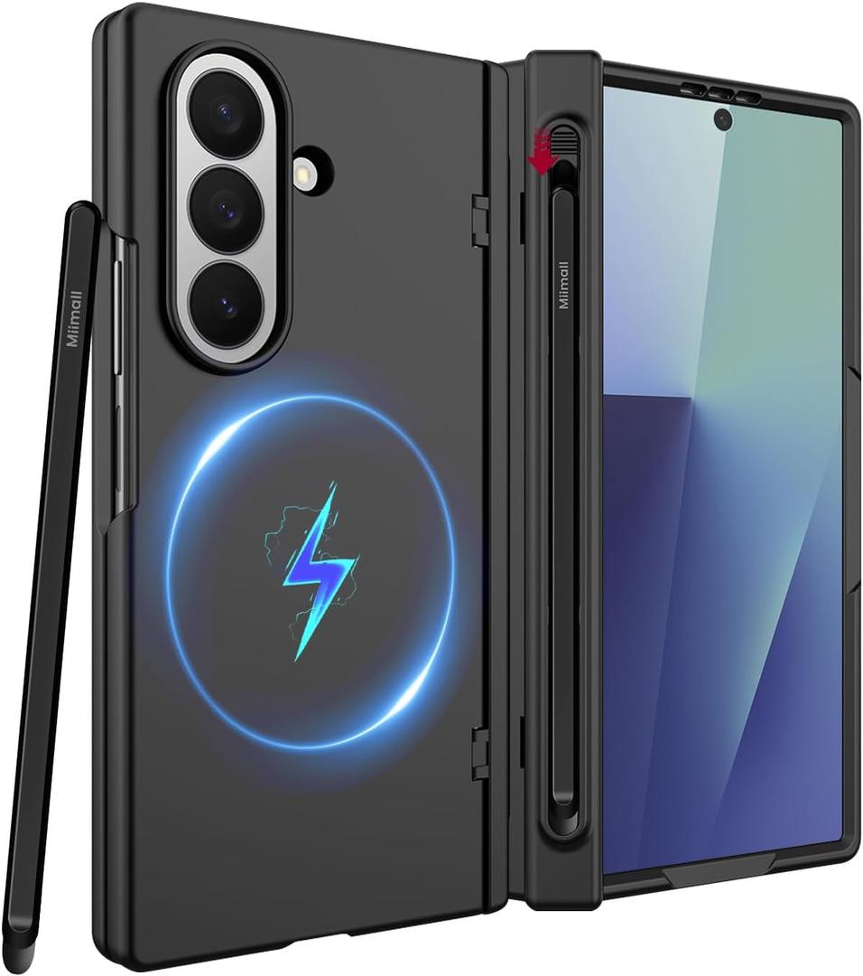 Miimall Magnetic for Samsung Galaxy Z Fold 7 Case with Pen, [Compatible with Magsafe][S Pen Holder & Hinge Protection & Screen Protector] Ultra Slim Thin Full Cover Phone Case for Z7 Fold7 5G Black