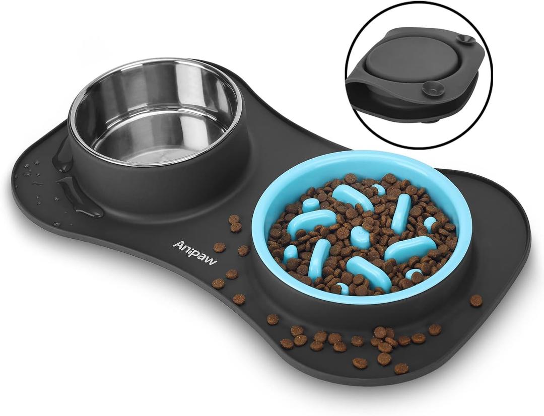 Slow Feeder Dog Bowls 3 in 1 Stainless Steel Food and Water Bowls with Non-Spill and Skid Silicone Mat to Slow Down Eating for Large Medium Small Breed Size Dogs and Cats (Dark Grey)