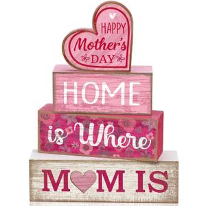 Lineshading 4 Pcs Mothers Day Table Decorations Wooden Pink Heart Decor Happy Mother's Centerpieces Gifts for Mom from Daughter Son Mothers Day Decorations for Home Shelf Indoor Party Decoration