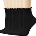 6 Pack Sunporx Ruffle Ankle Socks Knit Cotton Breathable Comfortable Socks for Girls (Black and White)