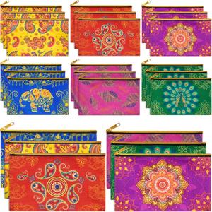 24 Pcs Diwali Gifts Bulk, Indian Return Gifts for Pooja, Multicolor Canvas Makeup Bags with Golden Zipper, Travel Cosmetic Pouches with Classic Indian Motifs, Wedding Gift for Women