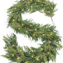 Prelit & Timer - 9 Ft by 12 Inch Christmas Garland with Lights, Real Touch Norfolk Pine Garlands Cedar Garland Artificial Realistic Soft Thickness 180 Pine Cypress Tips for Mantle Table Stairs Railing