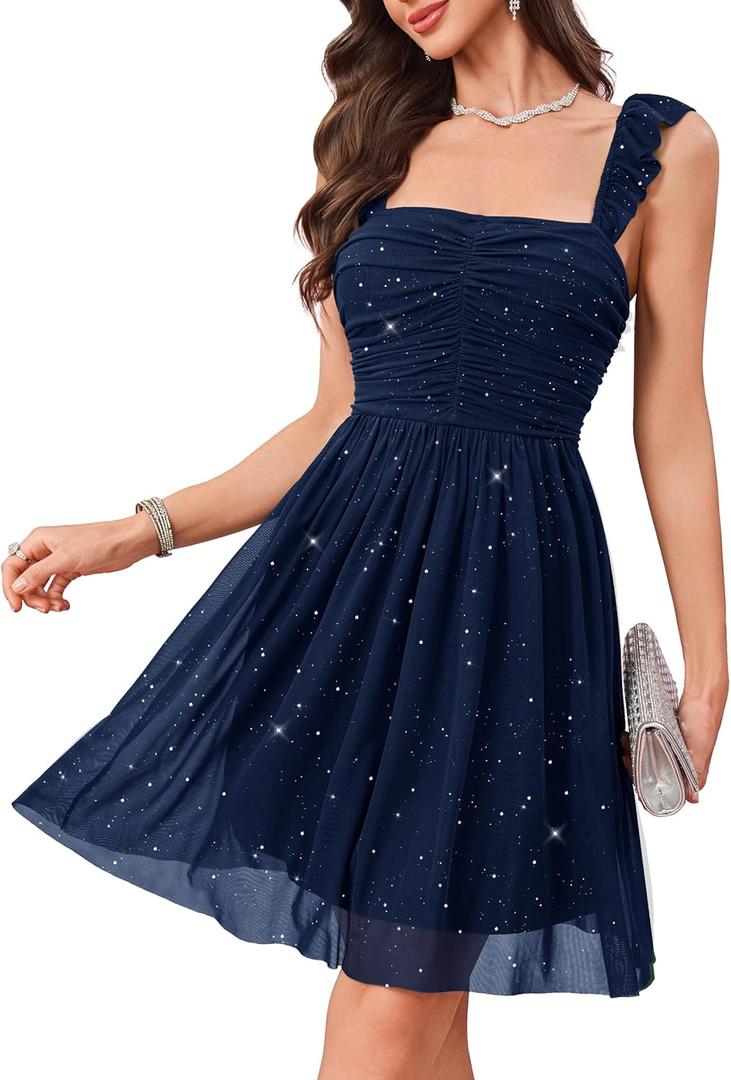 Wedtrend Sparkly Cocktail Dresses Ruffle Strap Party 80s Prom Dress for Teens Homecoming Short Formal Dress (Blue, L)
