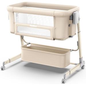 NeoBorn 4 in 1 Baby Bassinet, Bedside Bassinet with Breathable Mesh Design, 7 Height Adjustable Rocking Bassinet, Crib with Comfy Mattress and Wheels for Newborns, Khaki
