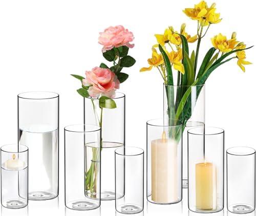 11 Pack Cylinder Vases- for Centerpieces, 6,8,10 Inch Clear Glass Cylinder Candle Holder- for Wedding Centerpirces Decoration Tall Clear Flower Vases, Hurricane Candle Holder for Party Home Decor