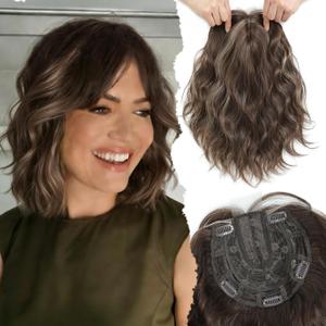 UDU 11" Hair Topper for Women with Thinning Hair, Natural-Looking Wiglet, Lightweight & Add Volume Hairpiece for White HairRoots Cover, Changing Hairstyle, Trendy and Comfortable Design (Dark Ash Brown with Highlights)