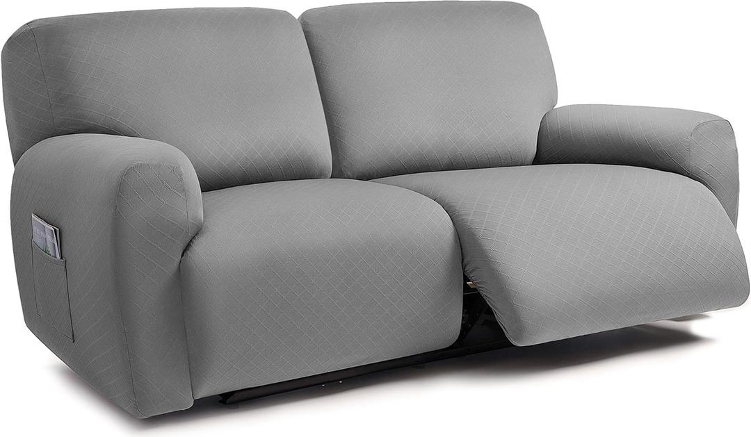 ULTICOR Squared Jacquard Design Extra Wide 75" - 100", Reclining 2 Seater Sofa, Extra Wide 6-Piece Reclining LoveSeat Slipcover, Reclining Sofa Covers, Thick, Soft, Washable (Light Grey) (Extra Wide 75"-100" 2 Seater Recliner Cover, Light Grey)