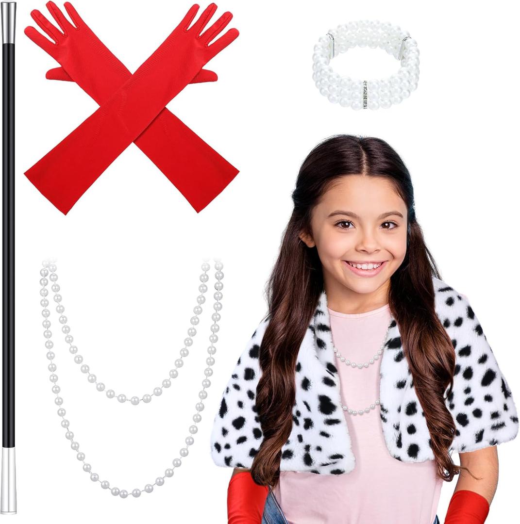 Yaomiao 5 Pcs Halloween Costume Faux Stole Outfit Accessories Set Black and White Scarf Red Gloves for 1920s