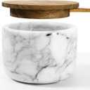 Salt and Pepper Bowl, Marble Salt Cellar and Spices Storage Container With Built-in Spoon and Acacia Wood Lid - 6.5oz Capacity (White)