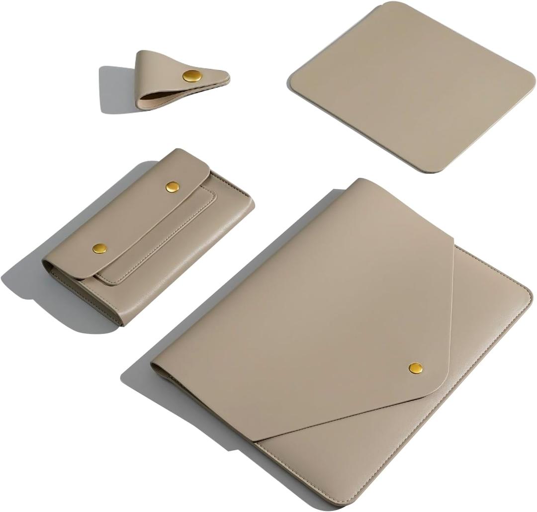 PU Leather Laptop Sleeve Compatible with New 14 inch MacBook Pro A2992 A2918 A2779 A2442,Old MacBook Pro Air 13, Surface Laptop 5th Gen 13.5, Thinkpad X1 Carbon 14 Set of 4PCS Color Khaki (14Inch Laptop)