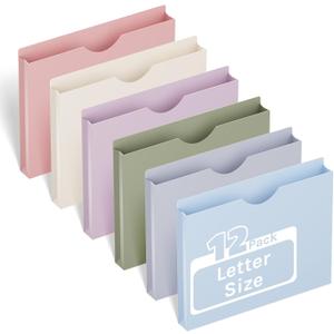 ANSOOK 1 Inch Plastic File Jackets, Manila File Folders Letter Size, 12 Heavy Duty Expanding File Folders, Expansion Pocket, Reinforced Straight Cut Tab, Morandi Color Folders for Office School Home