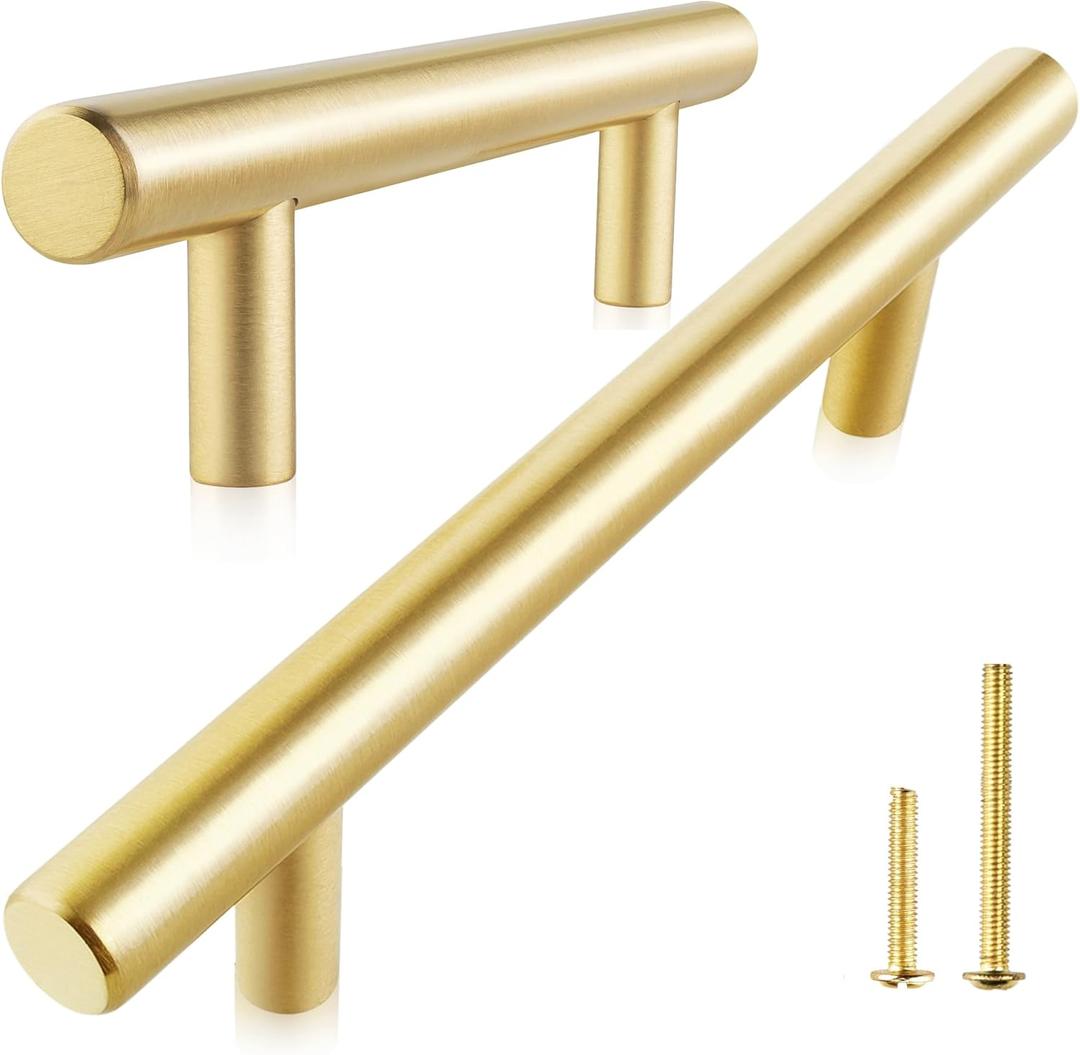 QOGRISUN 2-Pack Solid Brass Cabinet Pulls, Gold Euro Style T Bar Handles, 3-Inch Hole Center for Kitchen Drawer Dresser Cupboard, 4.9-Inch Total Length, Brushed Brass Finish