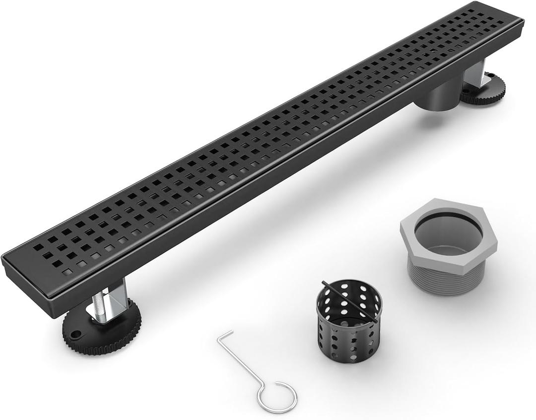 24-Inch Linear Shower Drain Offset Outlet, Matte Black Shower Floor Drain