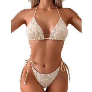 Tainehs Ribbed Two Piece Bikini Sets for Women Sexy Halter Triangle Top Swimsuit String Thong Bathing Suit (Medium, White Rice)