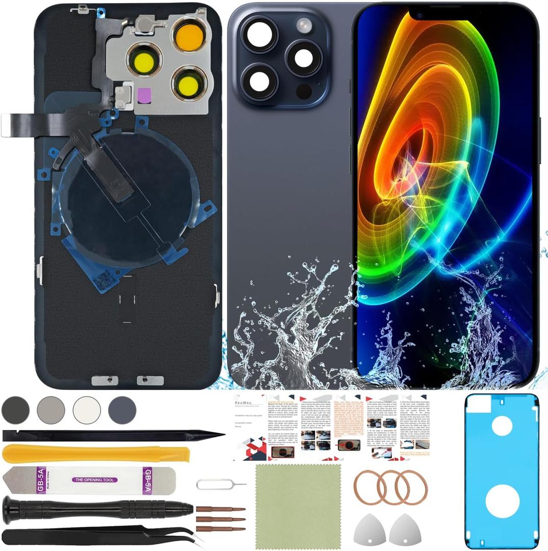 Back Glass Replacement Compatible with iPhone 15 Pro Max All Carriers 6.7" + Pre-Installed Plate + Wireless Charging Coil Flex Cable + Microphone + Flashlight + Camera Frame (Blue)