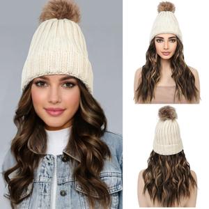 REECHO Beanie Wig With 12" Beach Wavy Hair Extensions - Warm Knitted Hat With Synthetic Hairpiece for Women - Beige Beanie, Dark Brown With Highlights