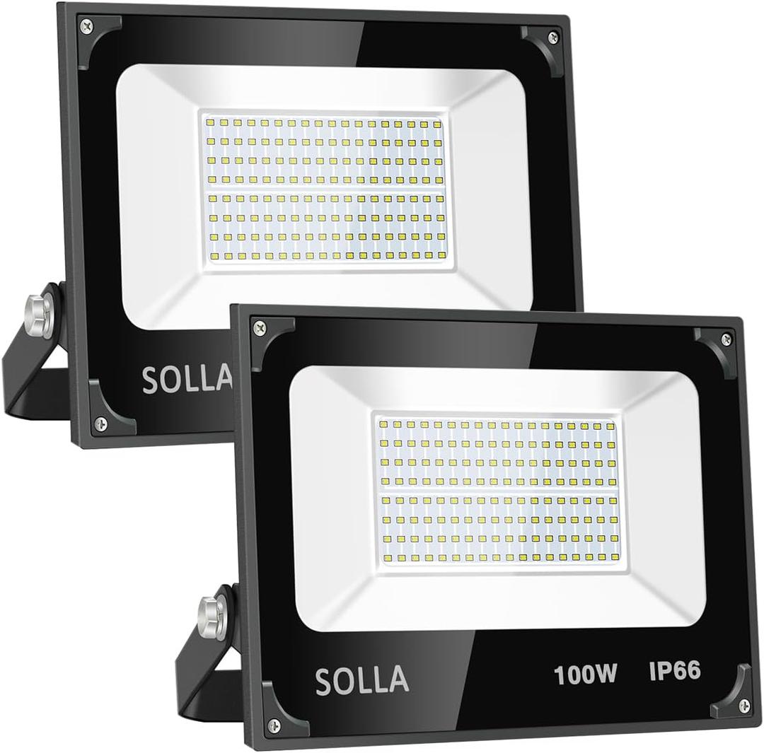 SOLLA 2 Pack 100W Led Flood Light, 10000lm 3000K Warm White Exterior Flood Lighting, Outdoor Indoor Flood Light Fixture Landscape Security Floodlight Spotlight for Yard, Garden, Garage, Rooftop