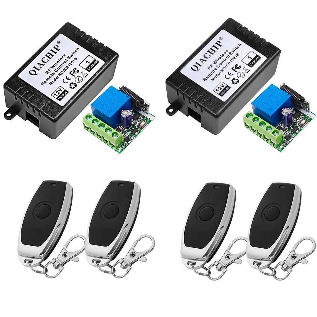 QIACHIP DC 12V 1CH 433Mhz RF Wireless Relay Module Remote Access Control Switch Momentary Toggle Delay Transmitter with Receiver for Doors,Lights(2 Relays + 4 Remote)