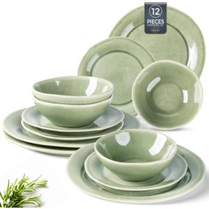 AmorArc Ceramic Dinnerware Sets, Handmade Stoneware Reactive Glaze Plates and Bowls Set, Scratch Resistant | Dishwasher & Microwave Safe Dishes Set, Service for 4 (12pc) (Olive Green)