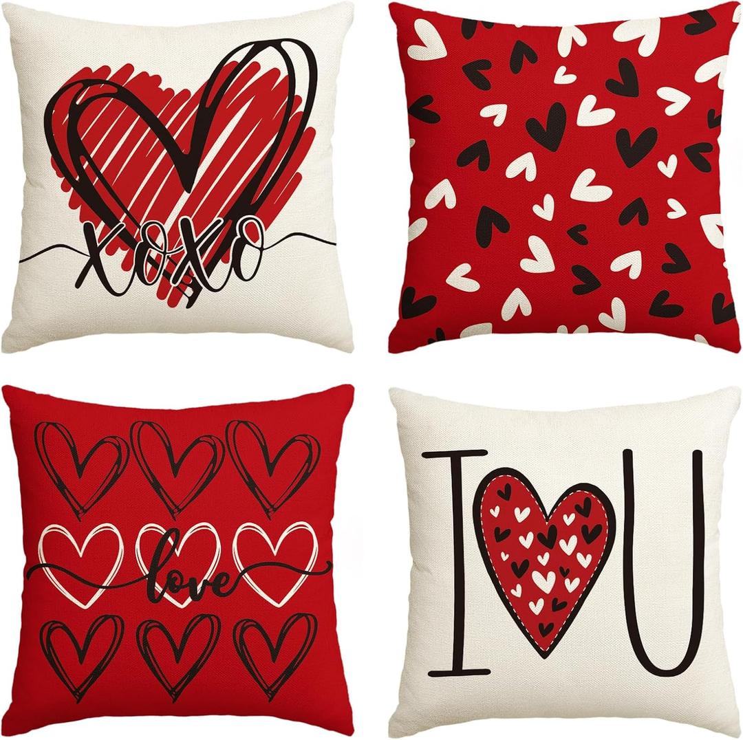 AVOIN colorlife I Love U XOXO Valentine Hearts Throw Pillow Covers, 18 x 18 Inch Love Wedding Cushion Case Decoration for Sofa Couch Set of 4 (Red)