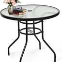ReunionG 32" Outdoor Bistro Table, Tempered Glass Round Cafe Table with 1.65" Umbrella Hole, Metal Frame, Coffee Dining Tables for Patio Balcony Garden Deck, Black