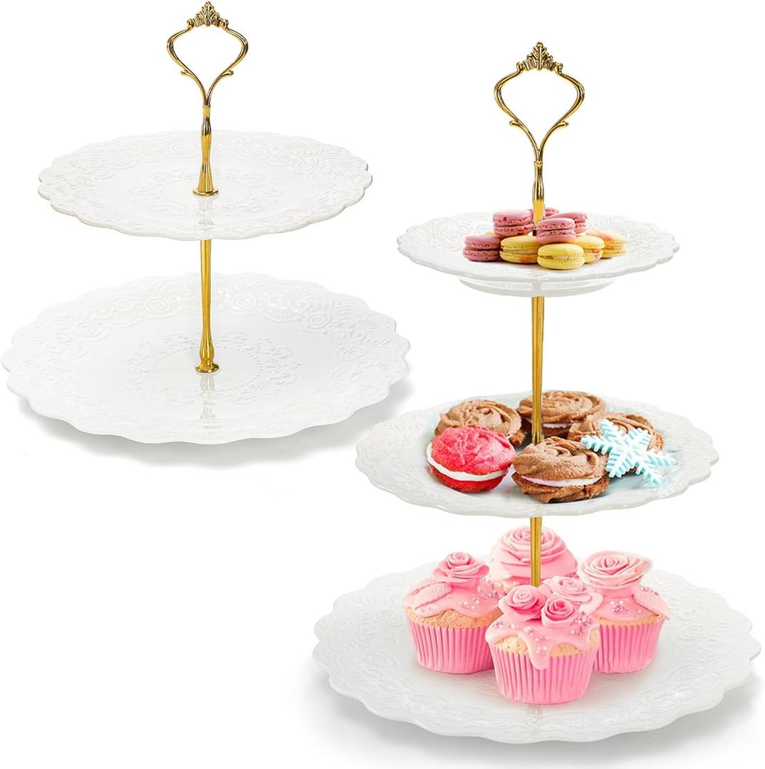 SOUJOY Set of 2 Porcelain Tiered Cupcake Stand, White Embossed Dessert Stand with Gold Rod, 3 Tiers and 2 Tiers Serving Trays for Tea Party Wedding Baby Shower Home Birthday