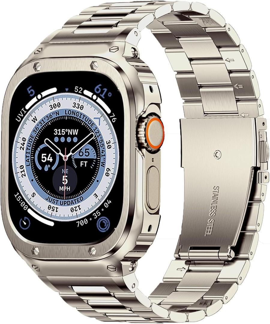 MioHHR Stainless Steel Band and Case Compatible with Apple Watch Band 49mm, Men Metal Protective Bumper Cover for iWatch Series Ultra 3/2/1, Titanium Color