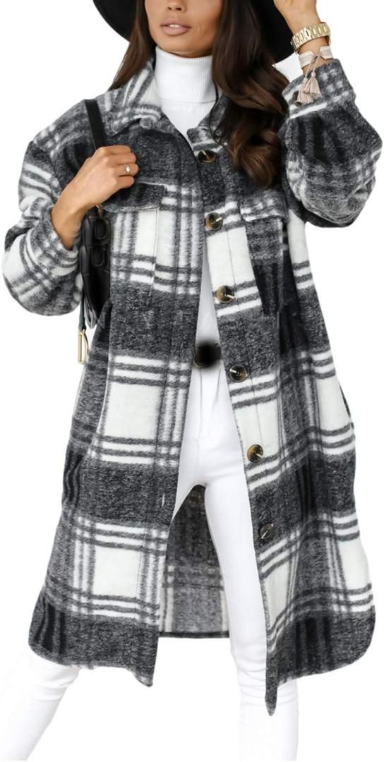 PUWEI Women's Long Flannel Plaid Jacket Shacket Cozy Lapel Button Down Shirt Jacket Fuzzy Trench Coat Small