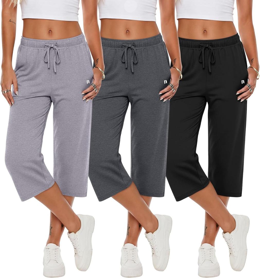 Neer 3 Pack Women's Capri Pants, Wide Leg Basic Sweatpants Lounge Loose Fit Casual Drawstring Yoga Capris with Pockets
