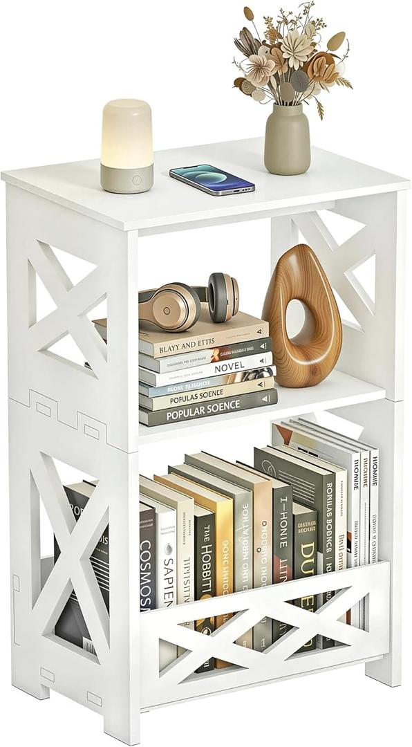 BYFU White Side Table, Small End Table with Storage Shelf, 3-Tier Nightstand Bedside Table Bookshelf Bookcase Display Rack for Small Spaces Bedroom Bathroom Living Room Office