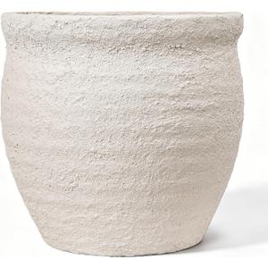 9" Dia Fiberstone Planter – Modern Farmhouse Indoor/Outdoor Flower Pot, Beige Decorative Plant Pot with Grainy Matte Texture & Drainage Hole for Patio, Porch, Garden, Home Décor